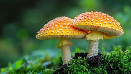 Discovering fluorescent mushrooms in a misty forest under soft morning light