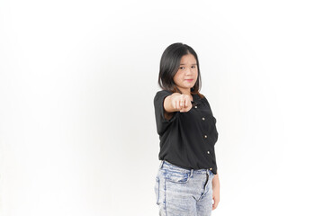 beautiful Asian woman strikes a challenging pose with a clenched fist, set against a white...