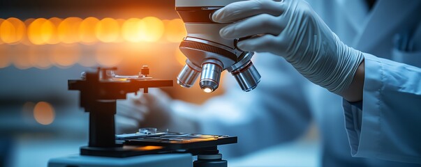 A scientist in a lab coat intently using a microscope to examine a sample, capturing the essence of medical biology research in a modern laboratory