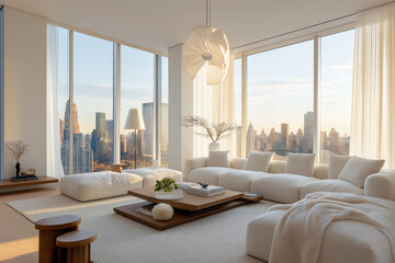 A large white living room with a white couch and a white coffee table
