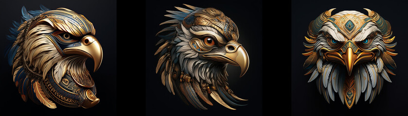 Three isolated eagle masks on black background with gold and white accents.