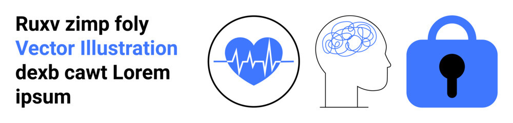 Heartbeat icon, brain illustration, and lock symbol emphasize health and security. Ideal for medical services, mental health, data protection, tech security, wellness programs, educational content