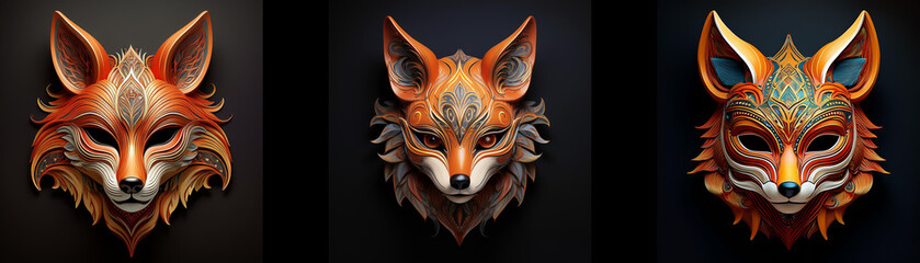 Naklejka premium Three intricately designed fox masks, isolated on a black background.