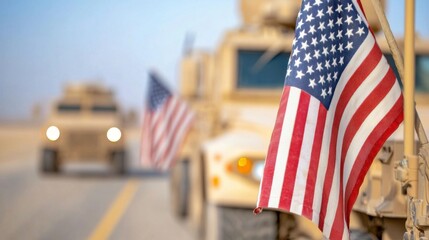 Us military vehicles display american flags in desert landscape to showcase patriotism and strength