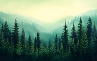 Fototapeta premium Lush green coniferous forest shrouded in mist, creating a serene and tranquil atmosphere, showcasing layers of evergreen trees against a soft, hazy backdrop.