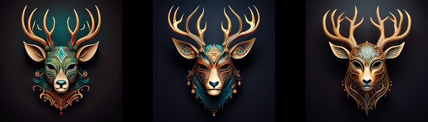 Three isolated deer masks with antlers on a black background.