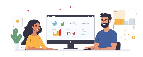 Dynamic image of a woman and man tech engineer discussing and analyzing data on a computer monitor, showcasing teamwork in technology innovation