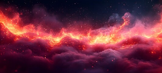 Obraz premium A stunning cosmic scene featuring vibrant orange and red lava-like waves rising through dark swirling clouds, evoking a sense of wonder and otherworldly beauty.