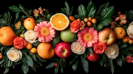 Vibrant arrangement of assorted fruits and flowers on a black background.
