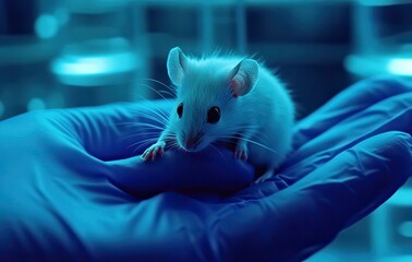 A white mouse is held in the gloved hand of a scientist, in a laboratory setting, with a blue color scheme