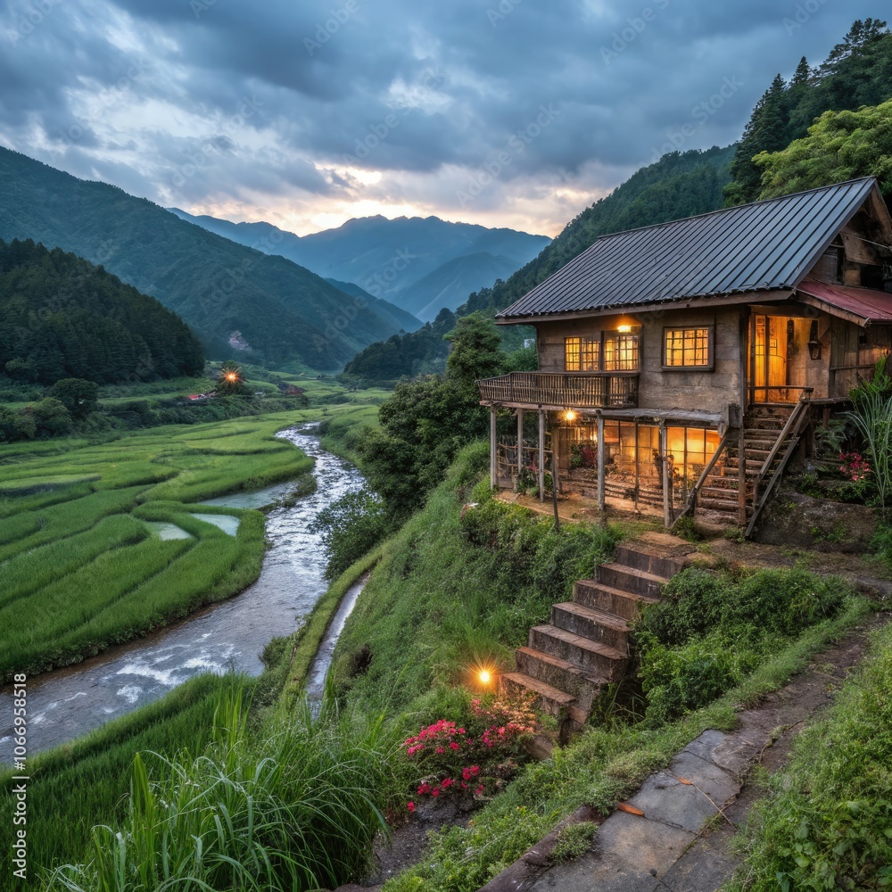 Poster Stunning view of green mountains and rice fields at dusk near a rustic house. Generative AI