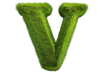 Grass font 3d rendering letter V isolated on a transparent or white background