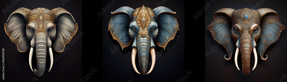 Poster Three elephant heads are arranged in a row against a black background. They are isolated and each has a unique texture.
