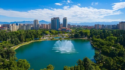 Obraz premium Aerial Panorama of Kunming's Vibrant Skyline and Scenic Green Lake