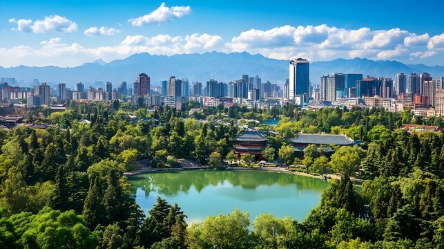 Elevated Aerial Cityscape of Kunming with Green Lake and Vibrant Skyline