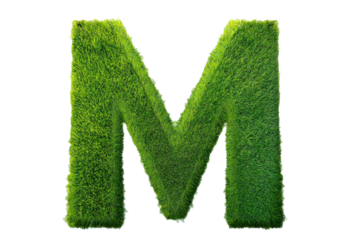 Grass font 3d rendering letter M isolated on a transparent or white background