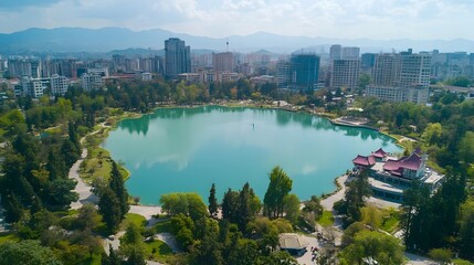 Fototapeta premium Aerial Panoramic View of Kunming's Vibrant Cityscape with Green Lake and Mountain Backdrop