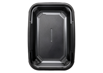 Top view takeaway plastic food box with two panels isolated on a transparent or white background