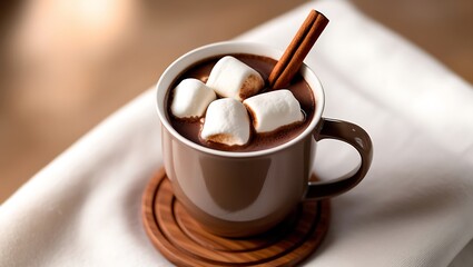A mug of hot chocolate topped with marshmallows and a cinnamon stick on a coaster and white napkin.