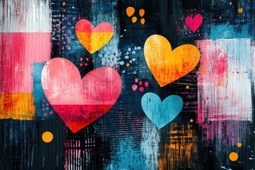 modern love illustration, vibrant pop art composition showcasing modern love through bold heart illustrations, lively patterns, and room for a romantic quote