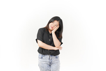 beautiful Asian woman appears bored, waiting with a questioning expression, against a white background