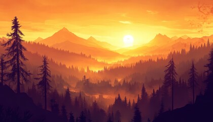 Autumn valley landscape bathed in warm orange and brown hues at sunset