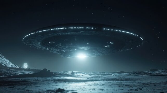 A giant alien mothership approaching a barren moon, casting a shadow over the surface with glowing lights around its hull