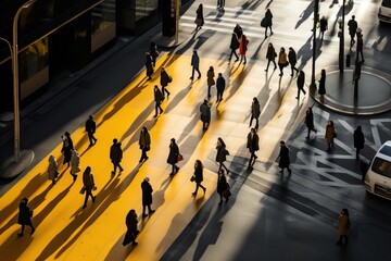 Obraz premium Aerial. People crowd motion through the pedestrian crosswalk. Top view.