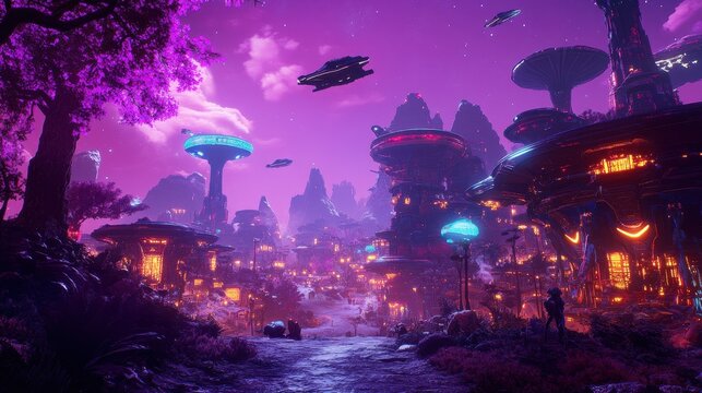 A glowing, futuristic city on a distant planet, with spaceships flying overhead and alien creatures wandering the streets under a purple sky