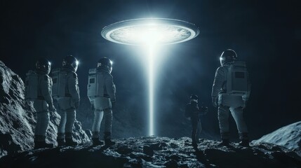 A group of astronauts standing on an asteroid, gazing at an approaching UFO that emits a bright beam of light in the distance