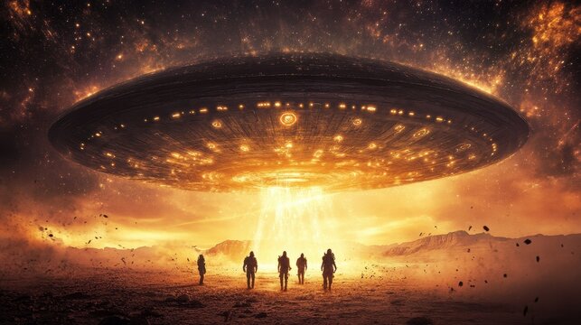 A group of explorers discovering an ancient alien spaceship buried in a desert, with strange symbols and lights emanating from it