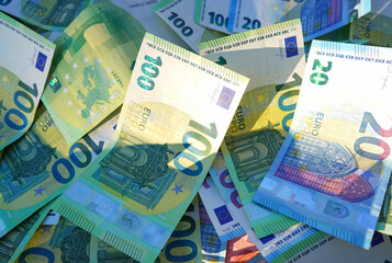 Euro money background. Euro Banknotes Design. Euro cash payment and wages. Cash background. Banknotes of European Union (EU ). Economic and political. Bills for pension and salary. Social finance.