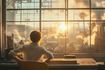 A woman sits at a desk looking out the window at a factory