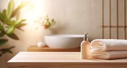 Wooden tabletop, empty podium product display, over blurred bathroom window background with shampoo, cream, towels, mirror.