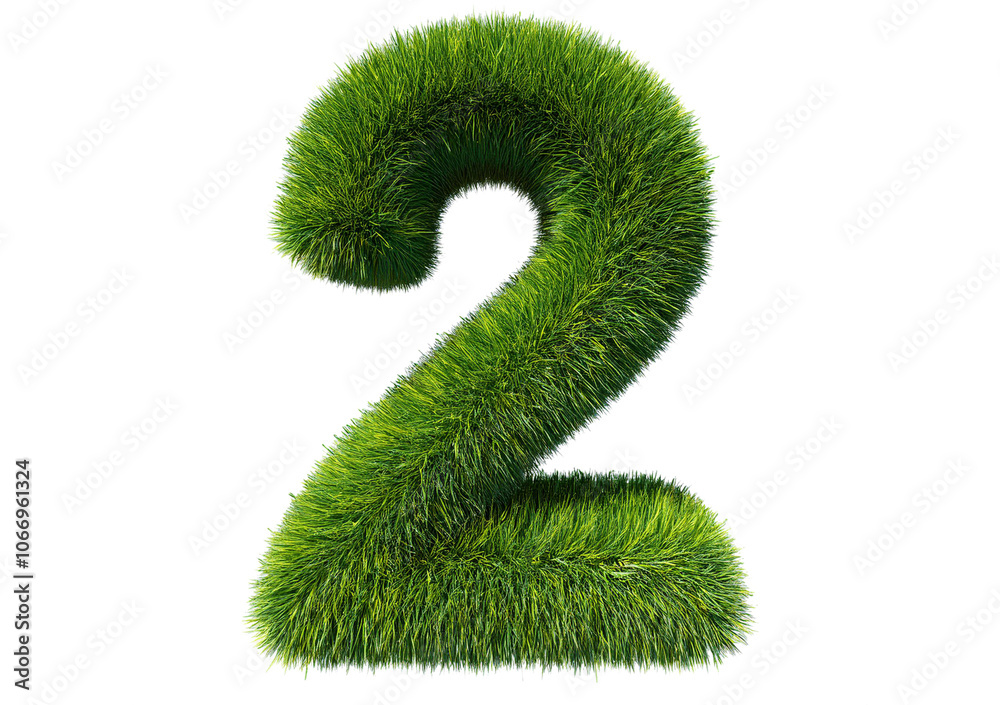 Poster grass font 3d rendering number 2 isolated on a transparent or white background