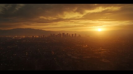 Breathtaking Aerial Cityscape of Los Angeles at Sunset with Majestic Mountain Backdrop
