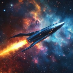 Obraz premium A sleek futuristic spacecraft soaring through a nebula, leaving a trail of glowing energy behind it, surrounded by stars and colorful gases in deep space