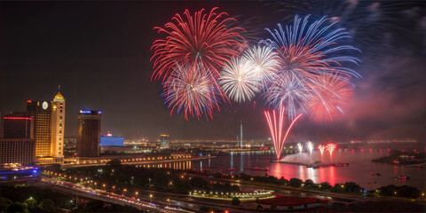 Spectacular fireworks illuminate the night sky over the river during Independence Day celebrations in a vibrant city