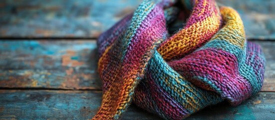 Knitting close-up of woolen scarf in vibrant colors, rustic table background 
