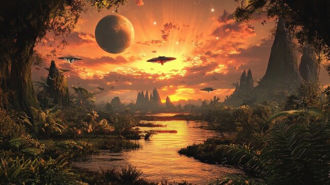 A spaceship landing on a lush, alien planet with oversized plants and strange, floating creatures in the sky, under a vibrant, multicolored sunset