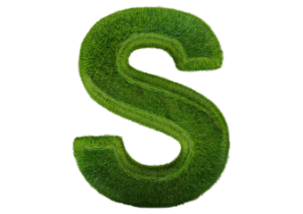 Grass font 3d rendering letter S isolated on a transparent or white background