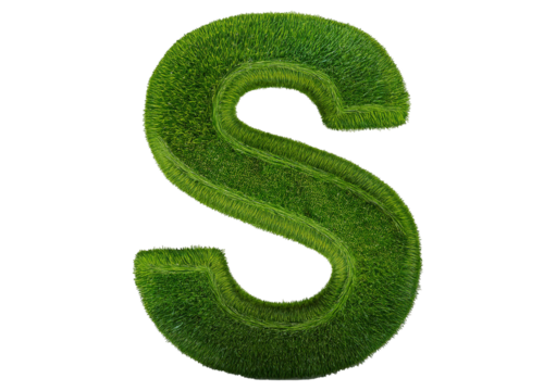 Grass font 3d rendering letter S isolated on a transparent or white background