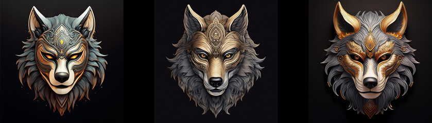 Three detailed wolf masks isolated on a black background.