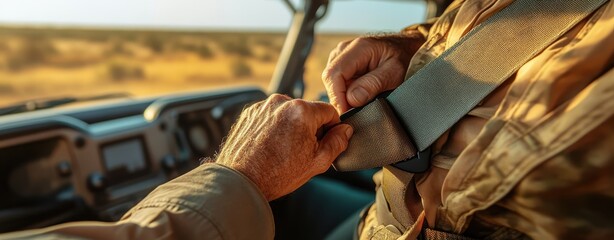 Obraz premium Close-up of a person securing a seatbelt in an off-road vehicle, emphasizing safety and preparation for rugged travel.