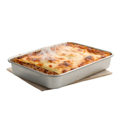 Hot Baked Lasagna in Metal Tray on transparent background cutout, PNG file, Cutout file