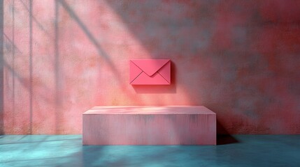 Pink envelope floating on a pink pedestal in a room with pink walls and blue floor