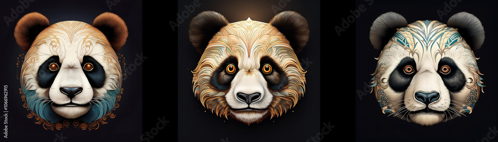 Poster three panda bear faces, isolated on a black background. the panda bears have different patterns and 