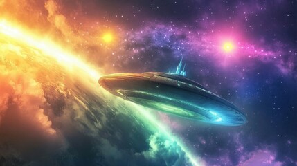 An alien civilization's massive spacecraft orbiting a distant planet, with colorful auroras and a two-sun sky illuminating the scene