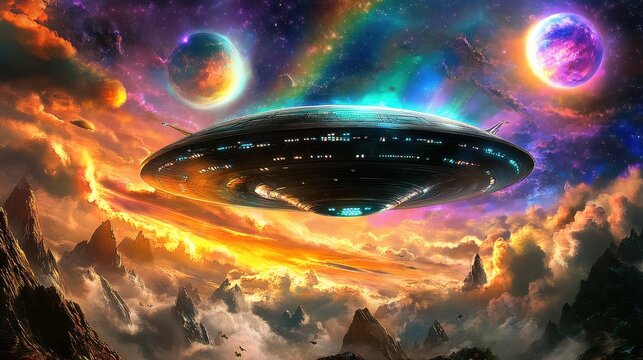 An alien civilization's massive spacecraft orbiting a distant planet, with colorful auroras and a two-sun sky illuminating the scene