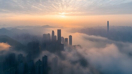 Majestic Chongqing Cityscape at Foggy Sunrise Overlooking Yangtze River and Mountainous Surroundings